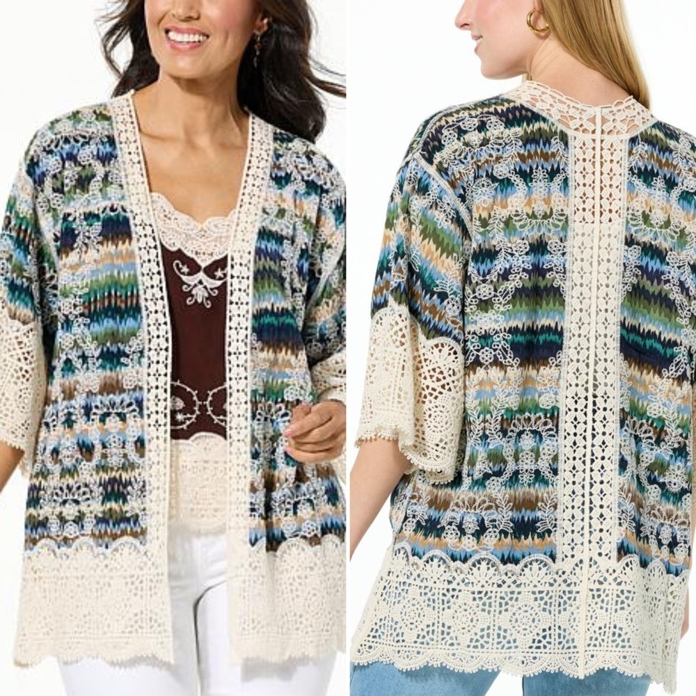 Democracy Boho Embroidered Crochet Lace Open Cardigan Poncho Women’s Size Small